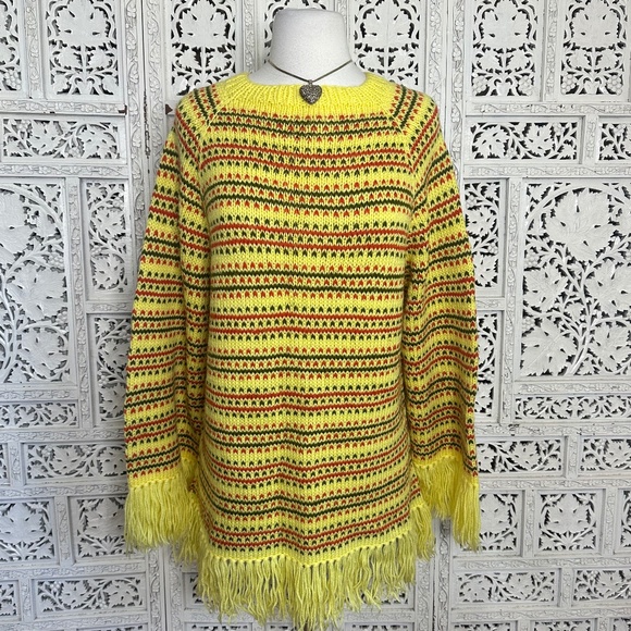 Handmade Knit Colorful Patchwork Colorblock Chunky Bell Sleeve Sweater Sz Large - Picture 1 of 7